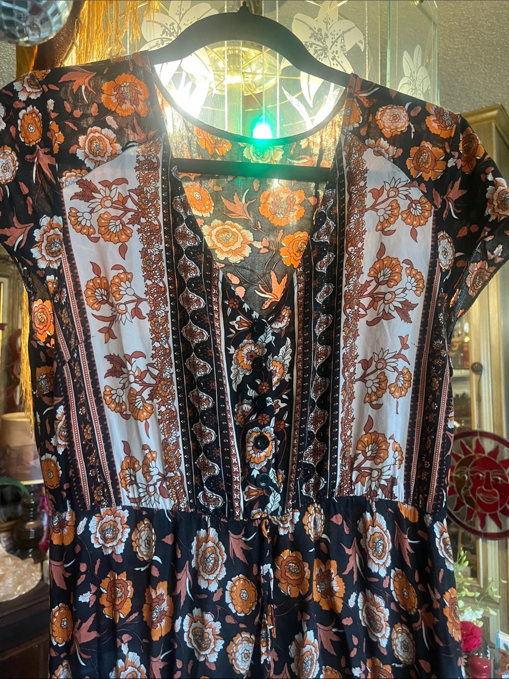 Women’s Floral Boho Midi Dress — Black and Rust
